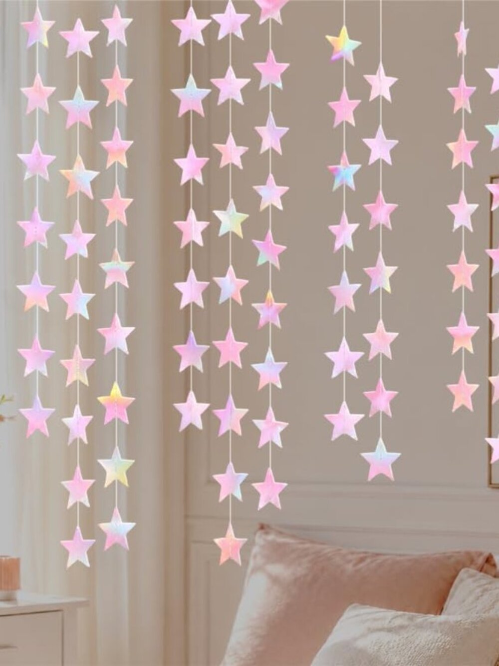 Iridescent Pink Shining Star Hanging Garland Pink Holographic Hanging Sparkling